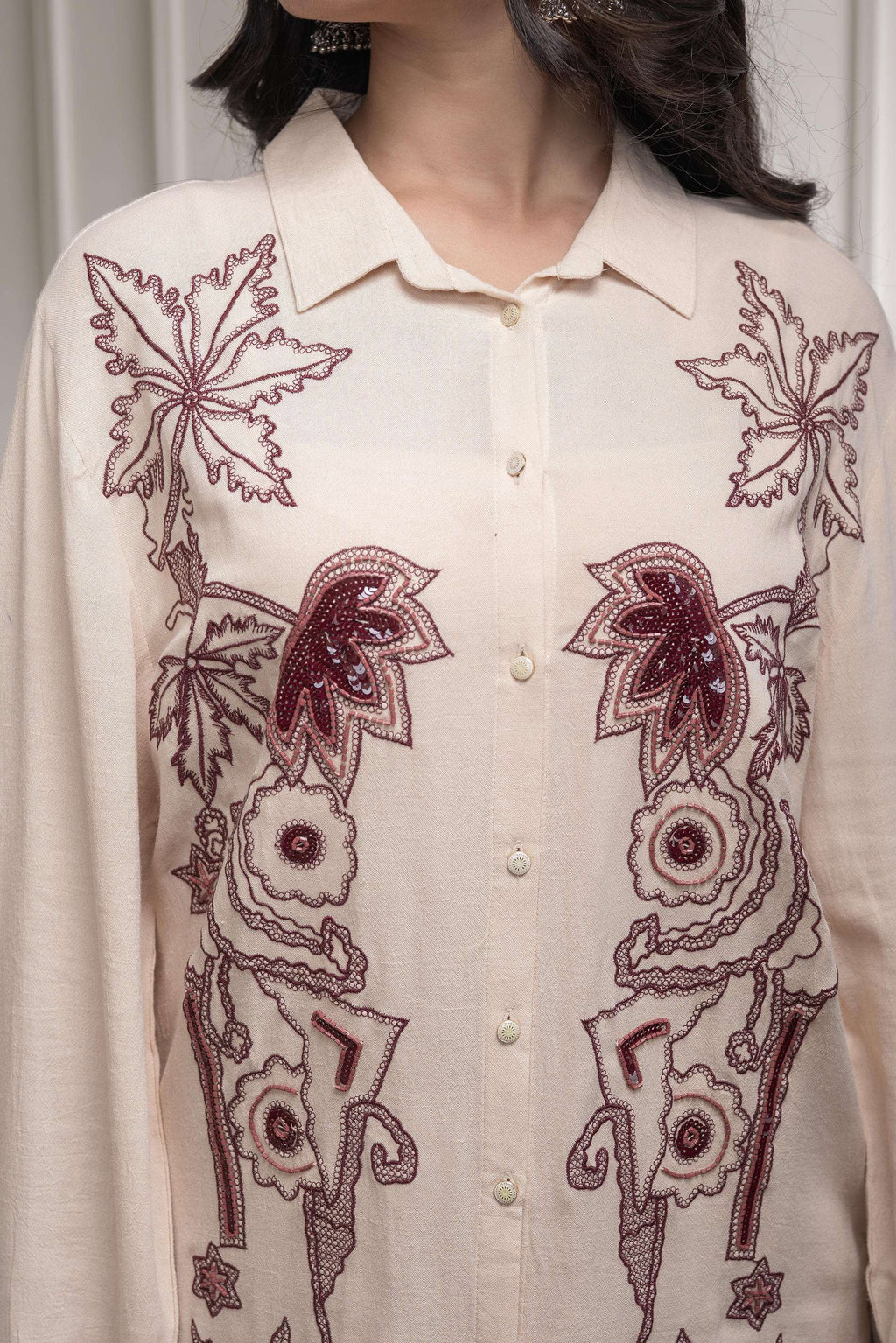 Juniper Viscose Linen Cream Maroon Embellished Shirt And Pant Co-Ord Set With Sequin & Bead Details | Grocsy