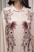 Juniper Viscose Linen Cream Maroon Embellished Shirt And Pant Co-Ord Set With Sequin & Bead Details | Grocsy