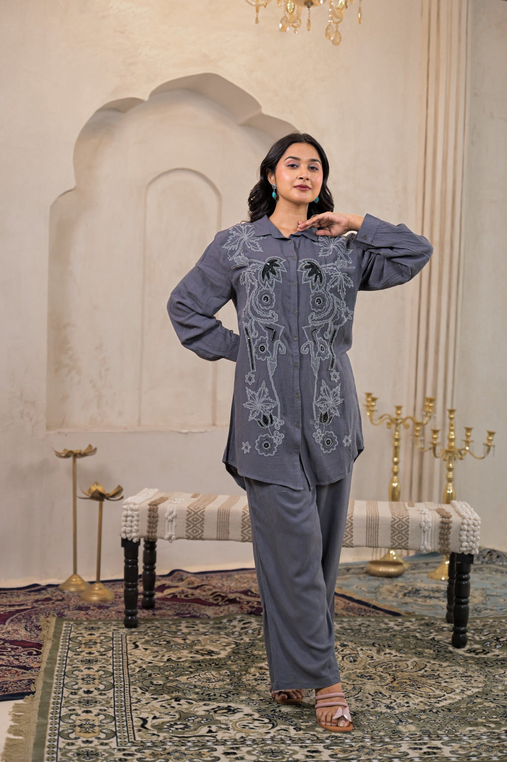 Juniper Viscose Linen Grey Embellished Shirt And Pant Co-Ord Set With Sequin & Bead Details | Grocsy