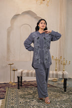 Juniper Viscose Linen Grey Embellished Shirt And Pant Co-Ord Set With Sequin & Bead Details | Grocsy