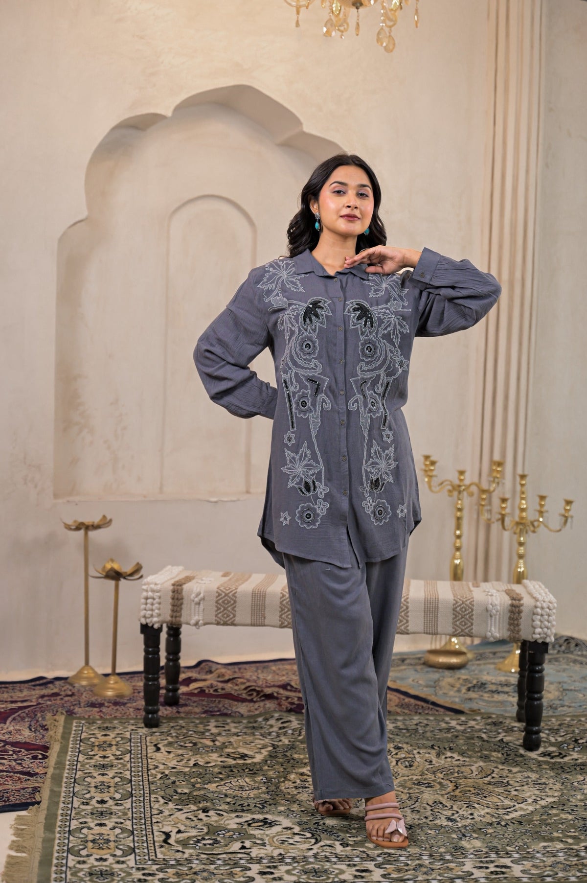 Juniper Viscose Linen Grey Embellished Shirt And Pant Co-Ord Set With Sequin & Bead Details | Grocsy