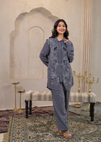 Juniper Viscose Linen Grey Embellished Shirt And Pant Co-Ord Set With Sequin & Bead Details | Grocsy