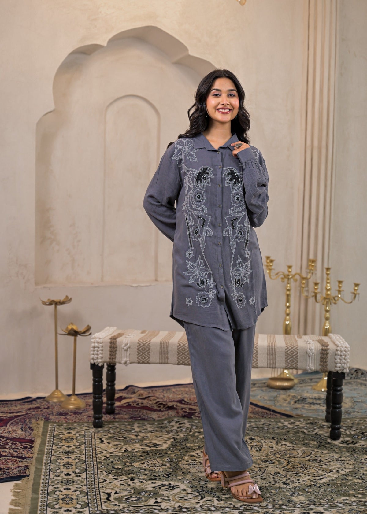 Juniper Viscose Linen Grey Embellished Shirt And Pant Co-Ord Set With Sequin & Bead Details | Grocsy