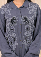 Juniper Viscose Linen Grey Embellished Shirt And Pant Co-Ord Set With Sequin & Bead Details | Grocsy