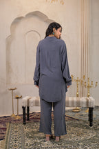 Juniper Viscose Linen Grey Embellished Shirt And Pant Co-Ord Set With Sequin & Bead Details | Grocsy