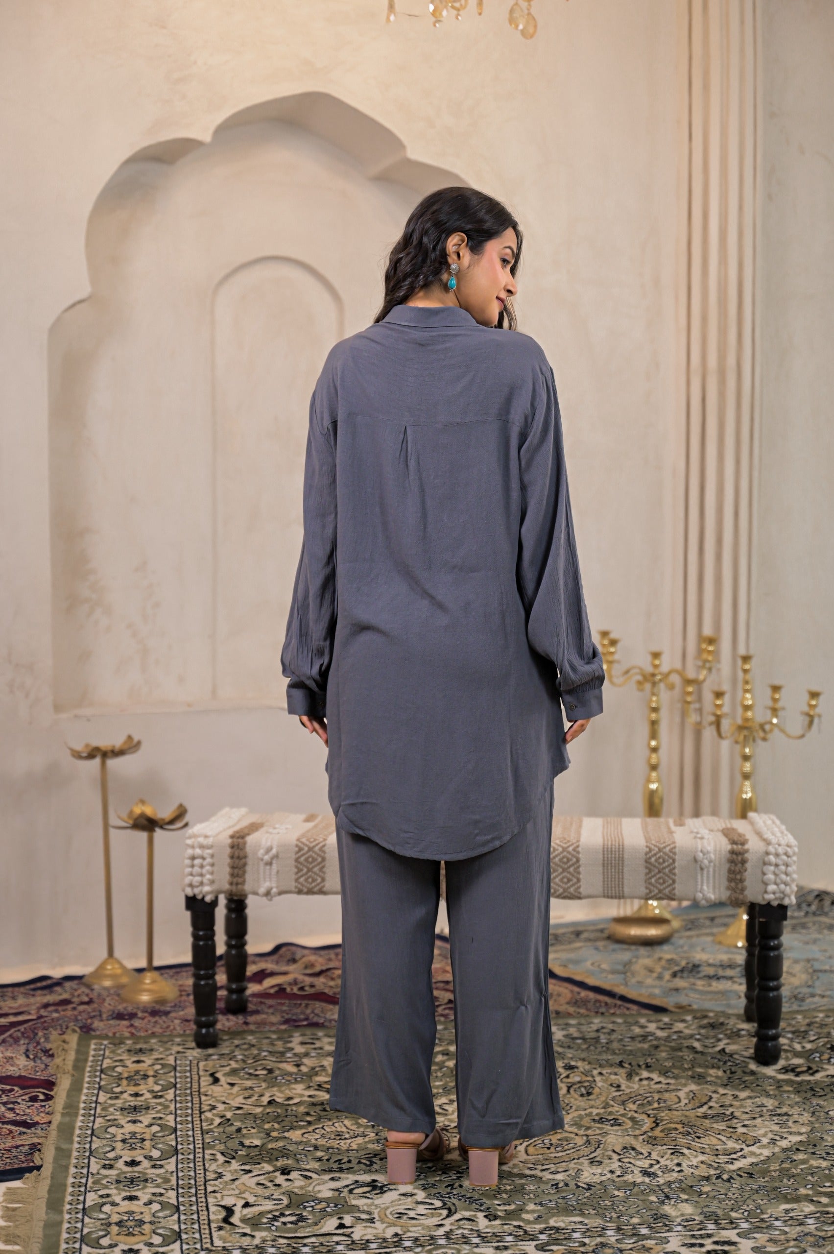 Juniper Viscose Linen Grey Embellished Shirt And Pant Co-Ord Set With Sequin & Bead Details | Grocsy