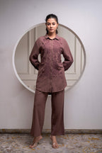 Juniper Brown Embellished Viscose Co-Ord Set With Bead Details | Grocsy
