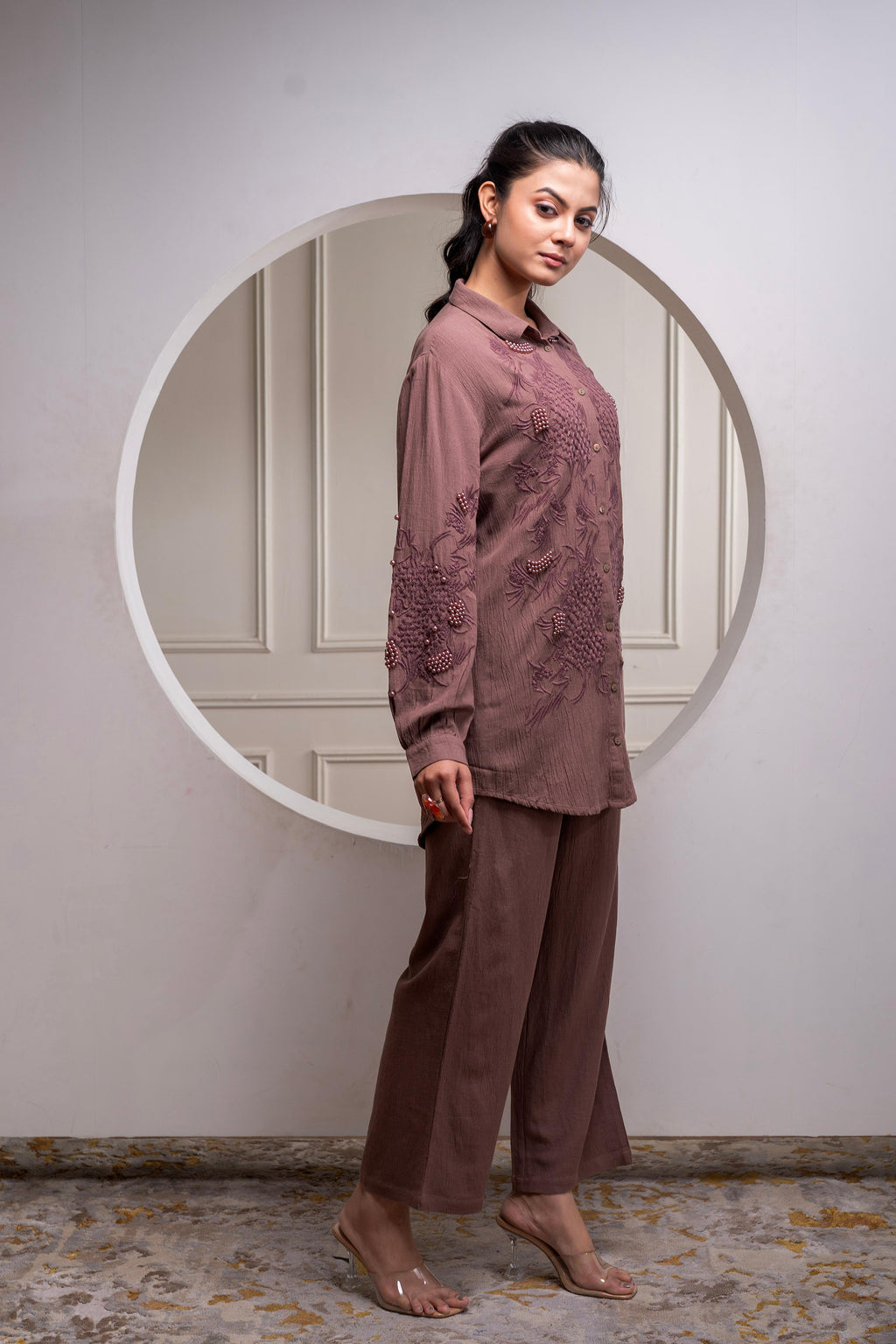 Juniper Brown Embellished Viscose Co-Ord Set With Bead Details | Grocsy