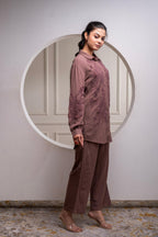 Juniper Brown Embellished Viscose Co-Ord Set With Bead Details | Grocsy