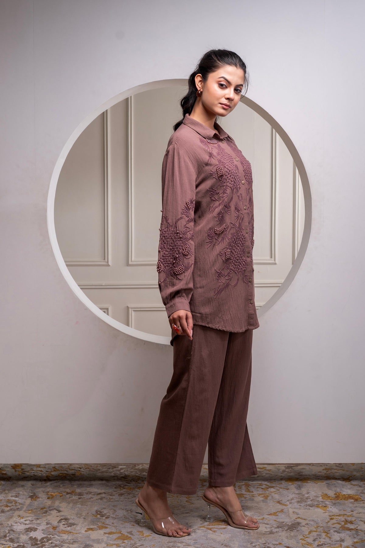 Juniper Brown Embellished Viscose Co-Ord Set With Bead Details | Grocsy