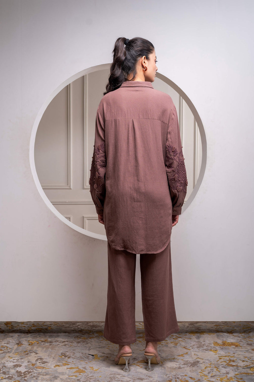 Juniper Brown Embellished Viscose Co-Ord Set With Bead Details | Grocsy