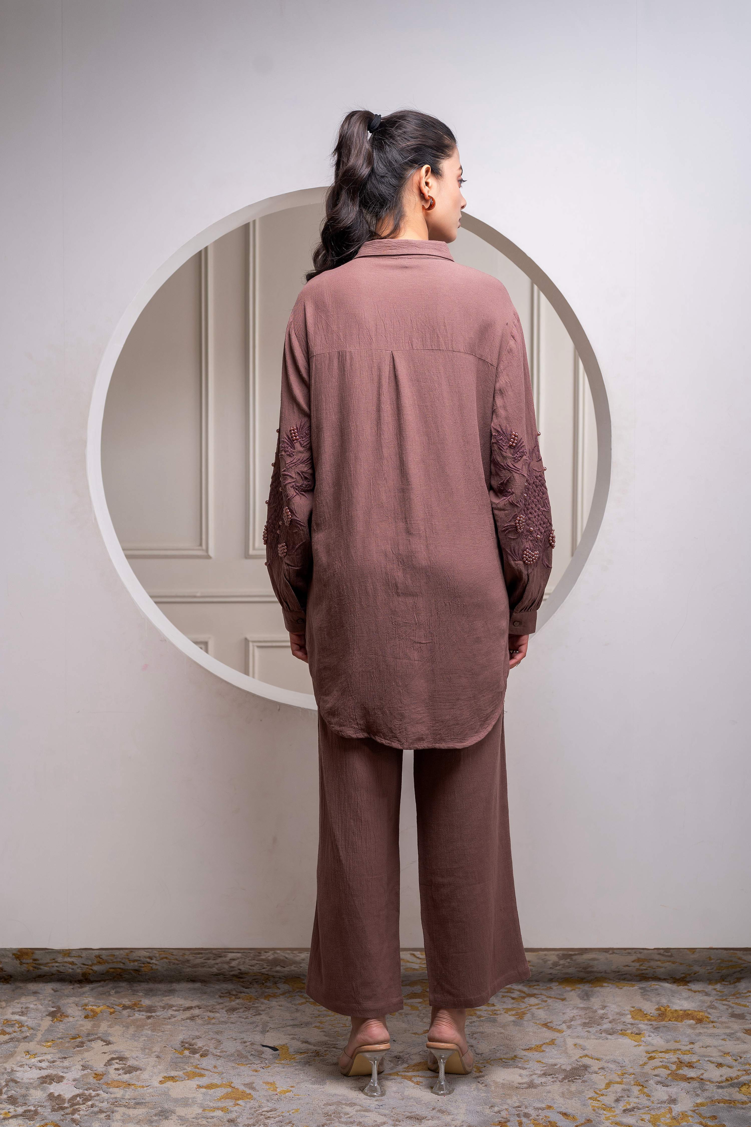 Juniper Brown Embellished Viscose Co-Ord Set With Bead Details | Grocsy