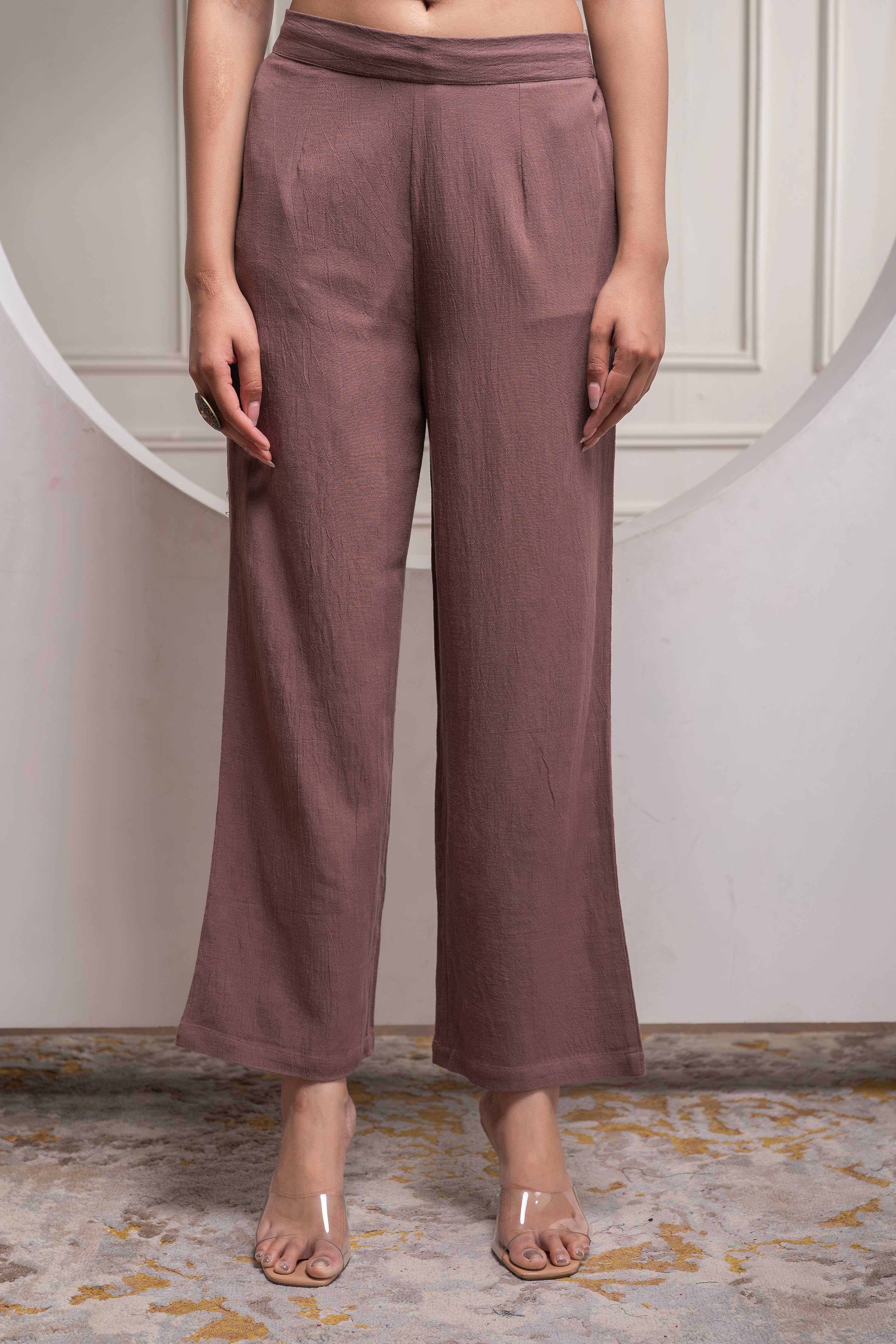 Juniper Brown Embellished Viscose Co-Ord Set With Bead Details | Grocsy