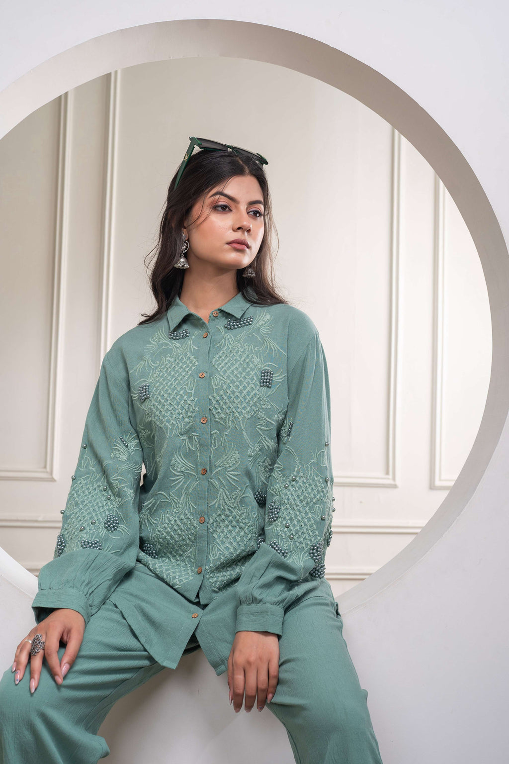 Juniper Sage Green Embellished Viscose Co-Ord Set With Bead Details | Grocsy