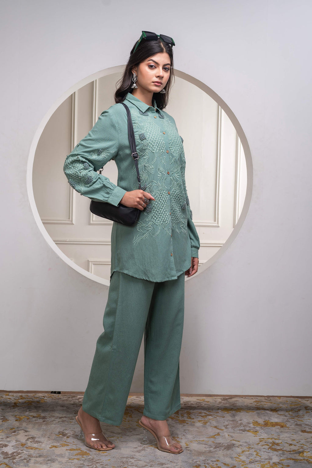 Juniper Sage Green Embellished Viscose Co-Ord Set With Bead Details | Grocsy
