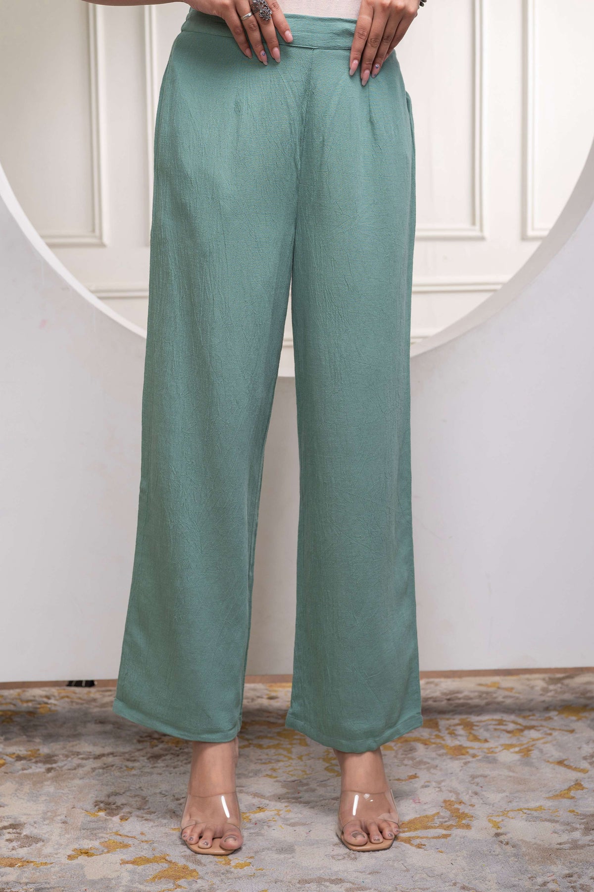 Juniper Sage Green Embellished Viscose Co-Ord Set With Bead Details | Grocsy