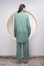 Juniper Sage Green Embellished Viscose Co-Ord Set With Bead Details | Grocsy