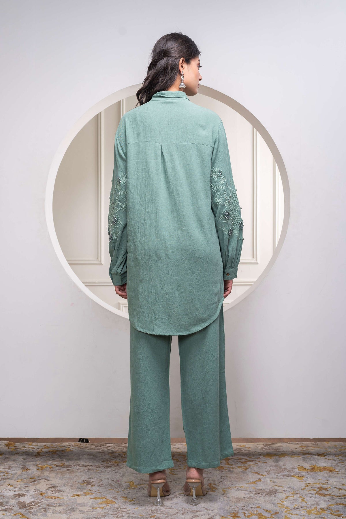 Juniper Sage Green Embellished Viscose Co-Ord Set With Bead Details | Grocsy