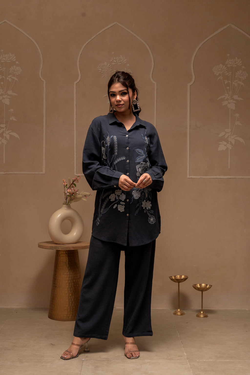 Juniper Grey Embroidered Viscose Co-Ord Set With Thread Work Detailing | Grocsy