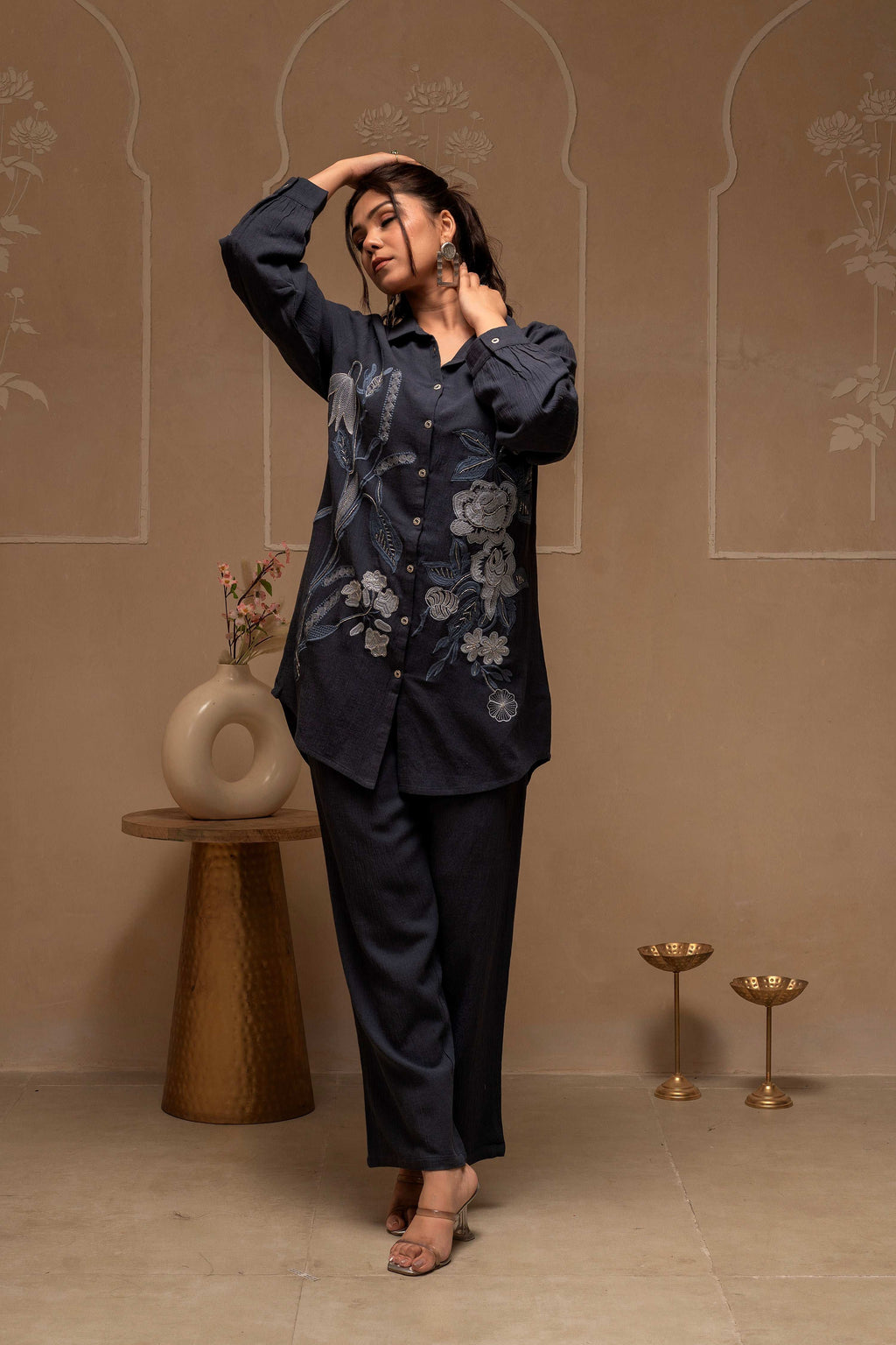 Juniper Grey Embroidered Viscose Co-Ord Set With Thread Work Detailing | Grocsy