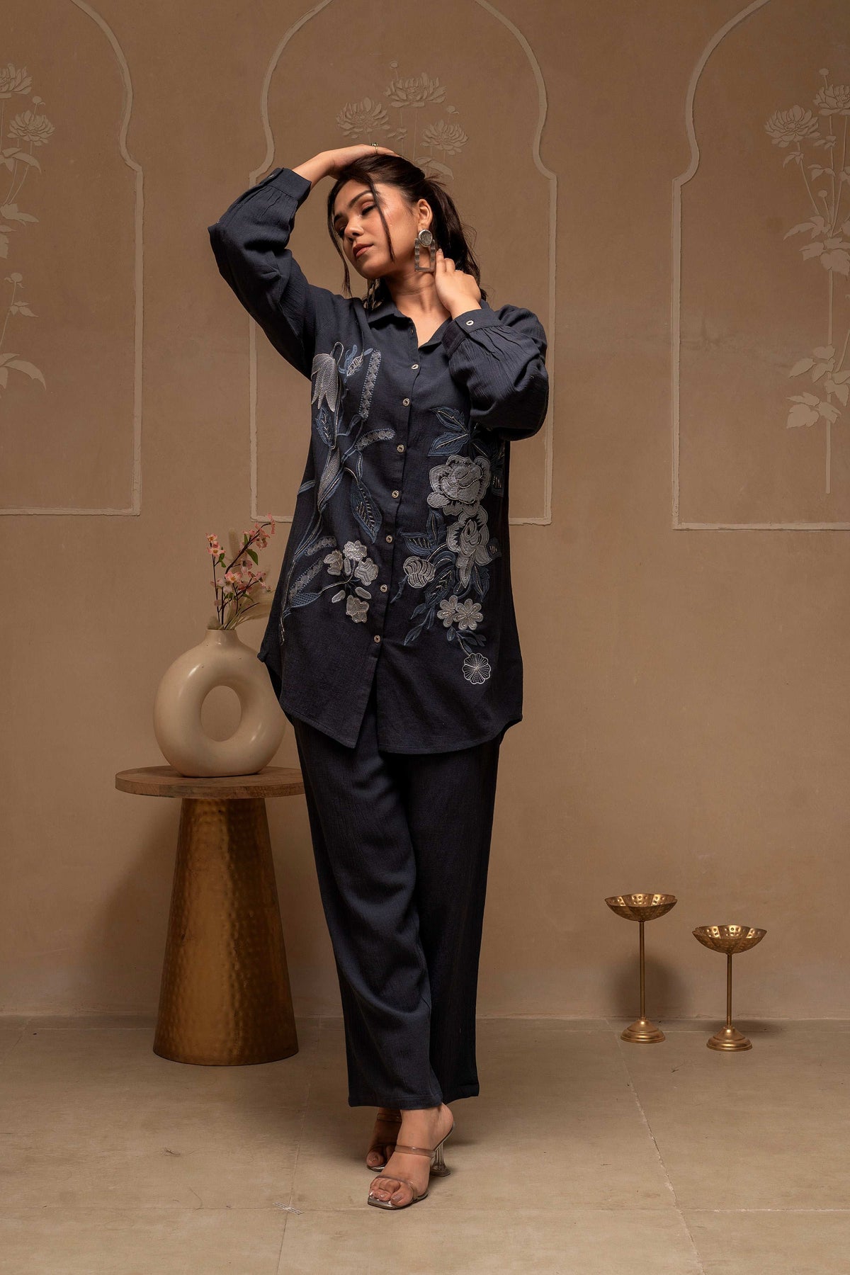 Juniper Grey Embroidered Viscose Co-Ord Set With Thread Work Detailing | Grocsy