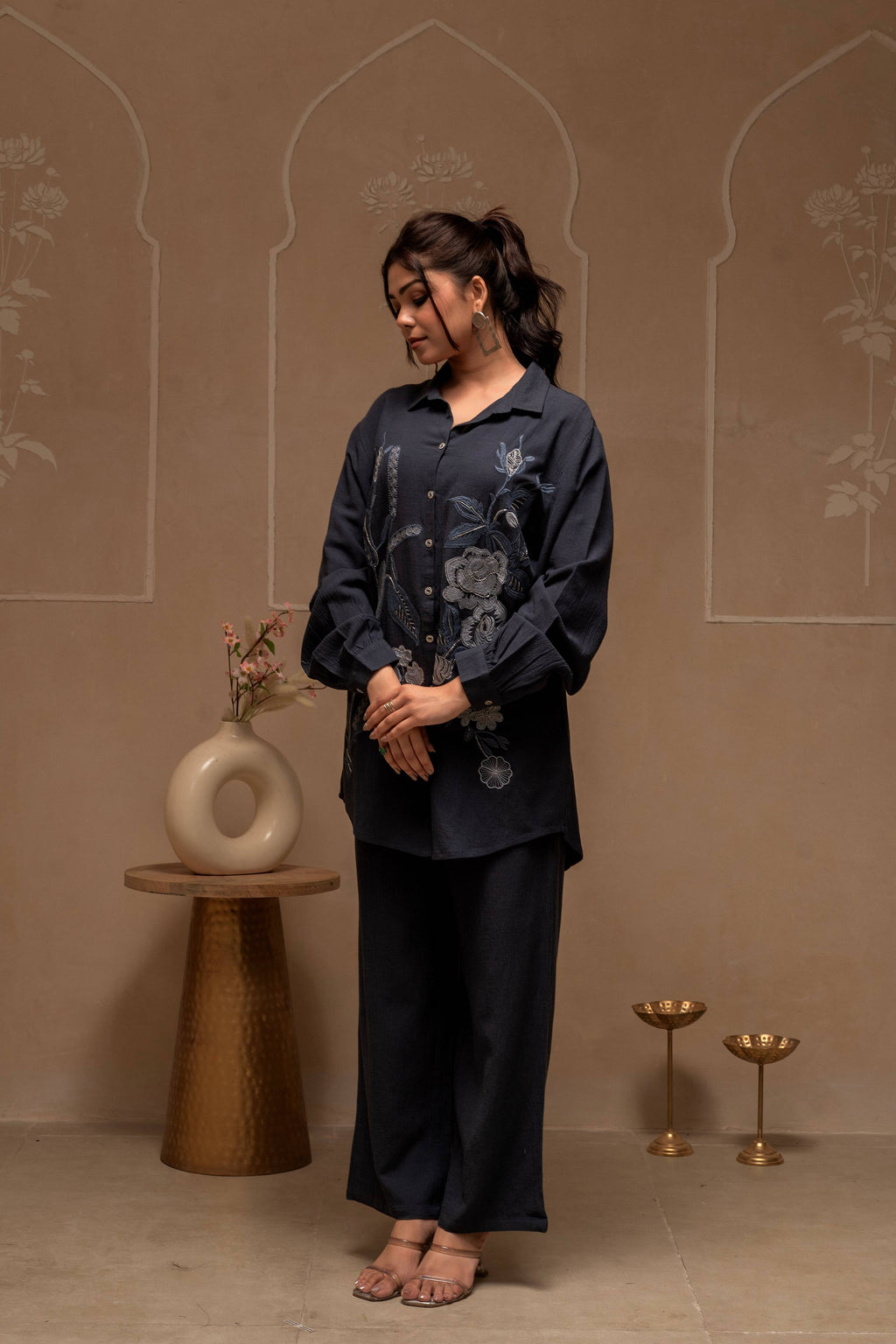 Juniper Grey Embroidered Viscose Co-Ord Set With Thread Work Detailing | Grocsy