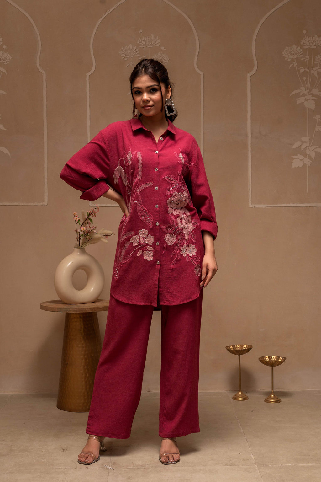 Juniper Rose Pink Embroidered Viscose Co-Ord Set With Thread Work Detailing | Grocsy
