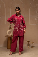 Juniper Rose Pink Embroidered Viscose Co-Ord Set With Thread Work Detailing | Grocsy