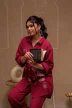 Juniper Rose Pink Embroidered Viscose Co-Ord Set With Thread Work Detailing | Grocsy