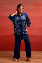 Juniper Viscose Linen Indigo Embroidered Shirt And Pant Co-Ord Set With Thread Work | Grocsy