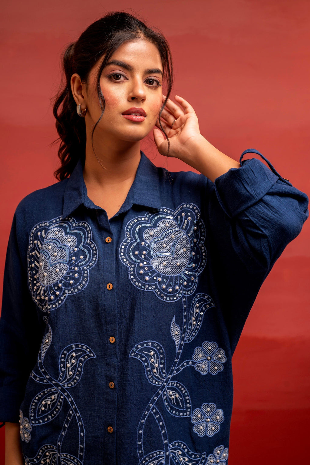 Juniper Viscose Linen Indigo Embroidered Shirt And Pant Co-Ord Set With Thread Work | Grocsy