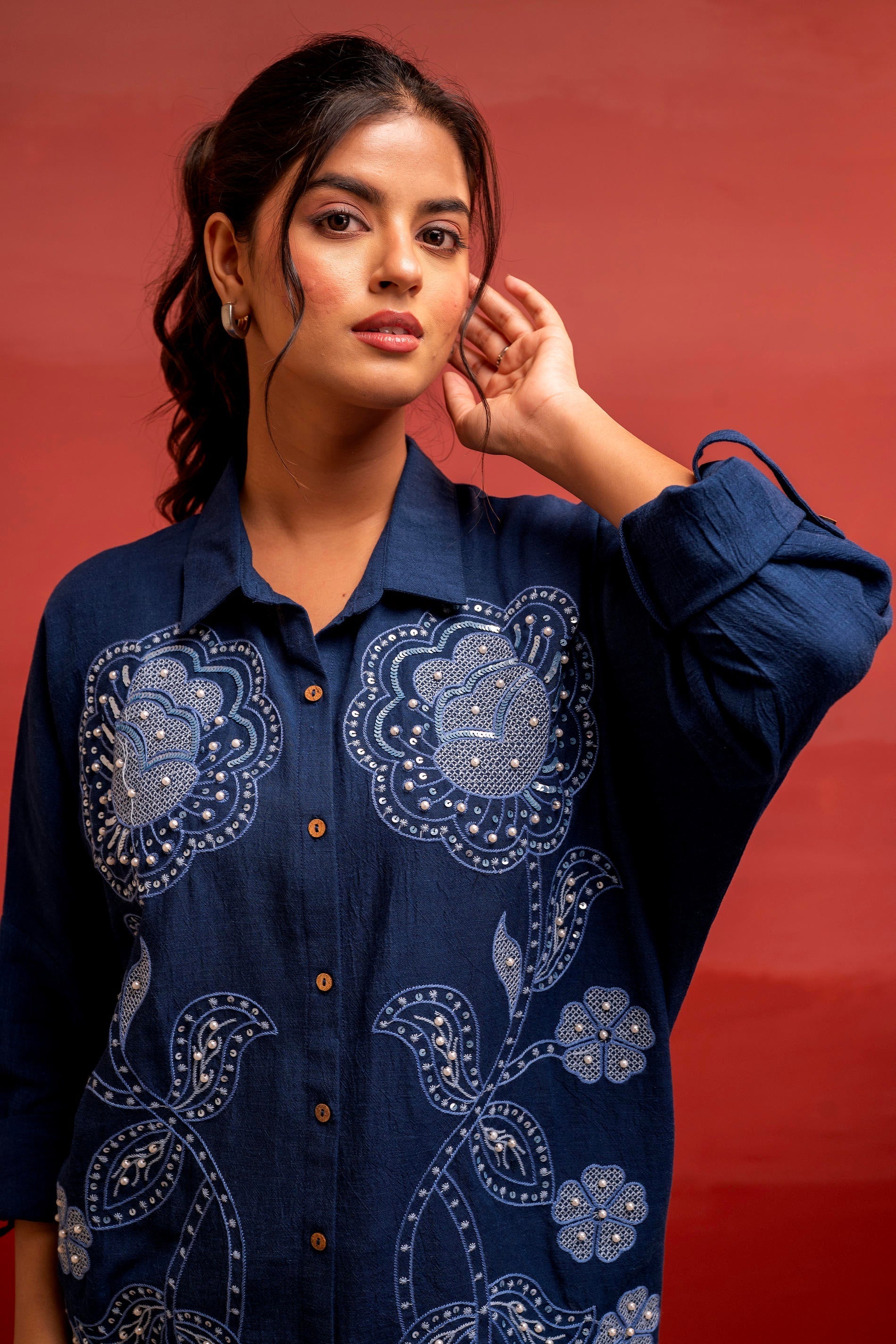 Juniper Viscose Linen Indigo Embroidered Shirt And Pant Co-Ord Set With Thread Work | Grocsy