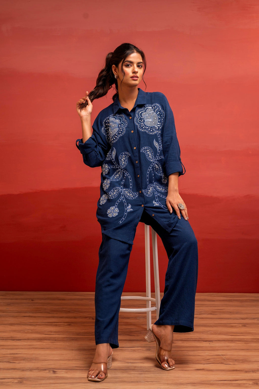 Juniper Viscose Linen Indigo Embroidered Shirt And Pant Co-Ord Set With Thread Work | Grocsy