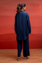 Juniper Viscose Linen Indigo Embroidered Shirt And Pant Co-Ord Set With Thread Work | Grocsy