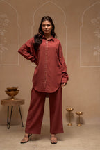 Juniper Brown Embellished Viscose-Linen Co-Ord Set With Sequin Detailing | Grocsy