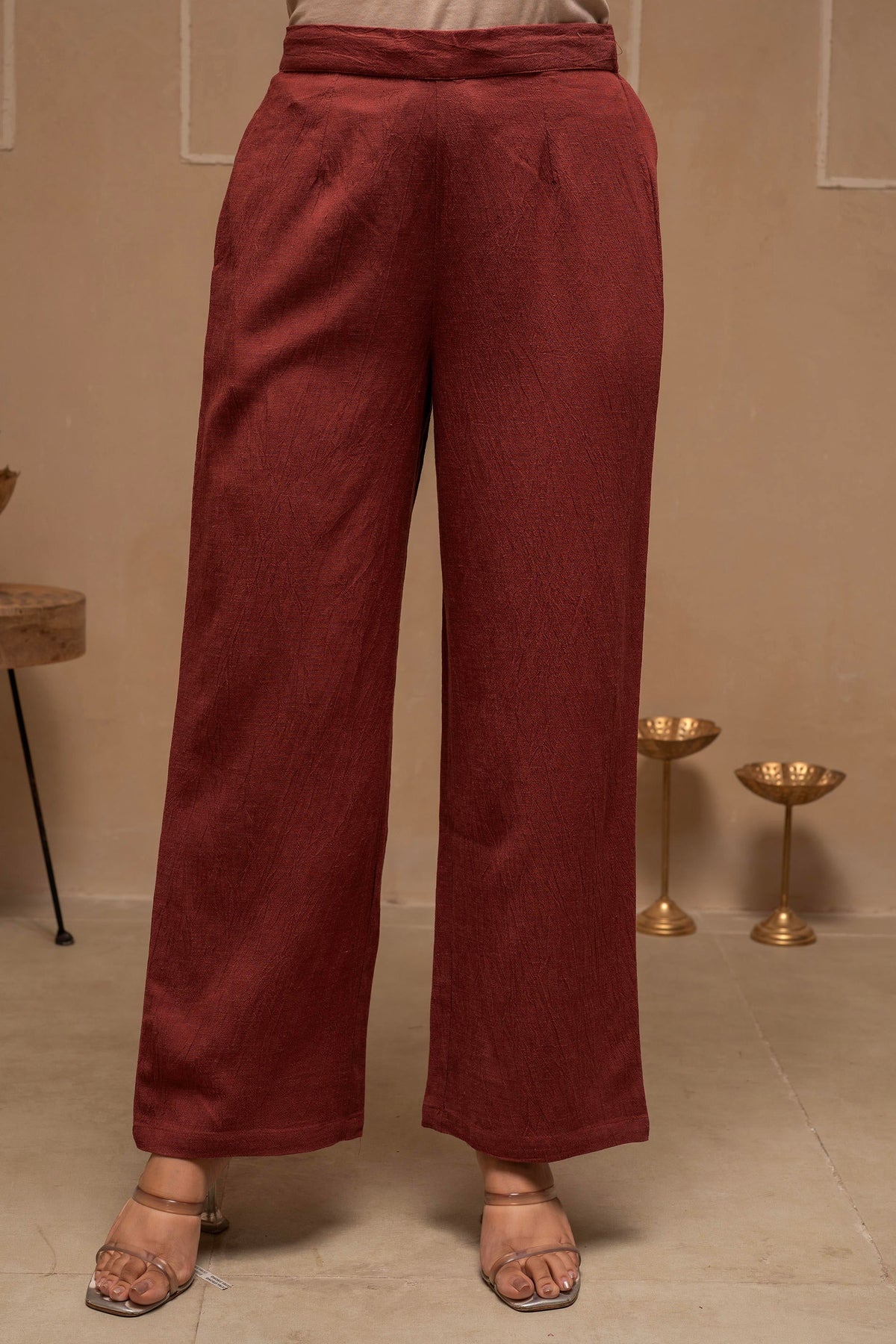 Juniper Brown Embellished Viscose-Linen Co-Ord Set With Sequin Detailing | Grocsy