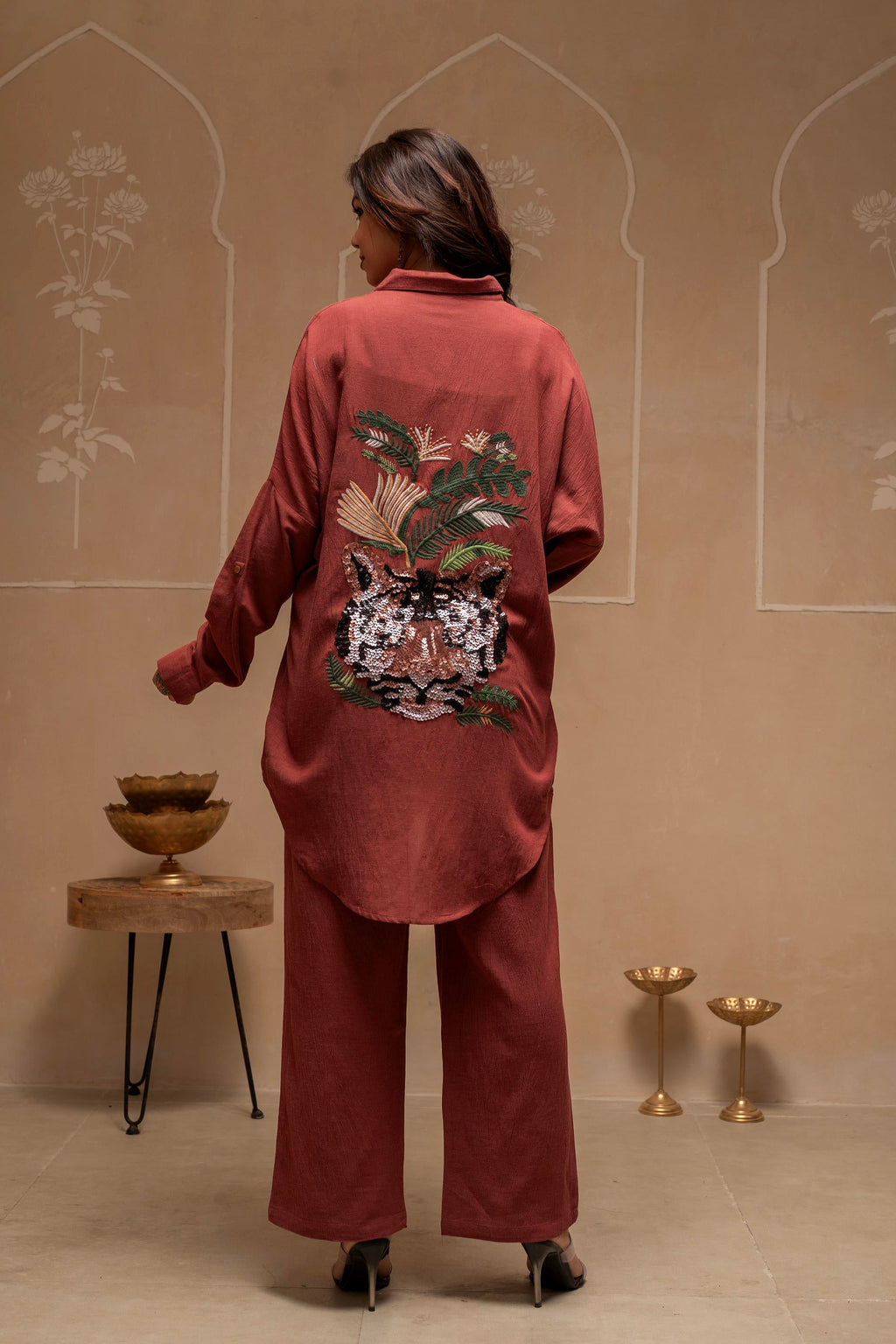 Juniper Brown Embellished Viscose-Linen Co-Ord Set With Sequin Detailing | Grocsy