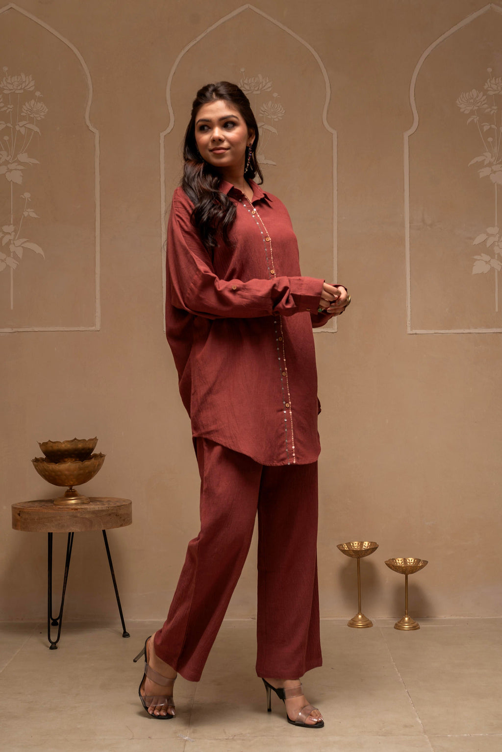 Juniper Brown Embellished Viscose-Linen Co-Ord Set With Sequin Detailing | Grocsy