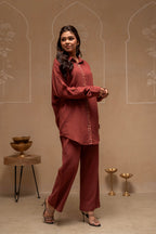 Juniper Brown Embellished Viscose-Linen Co-Ord Set With Sequin Detailing | Grocsy