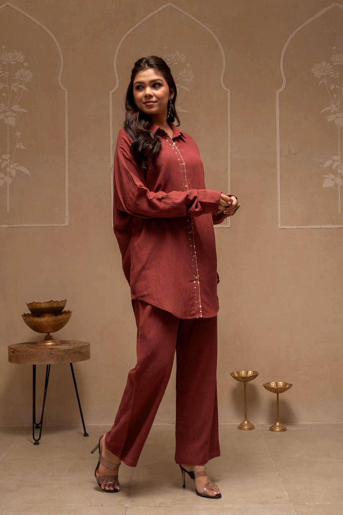 Juniper Brown Embellished Viscose-Linen Co-Ord Set With Sequin Detailing | Grocsy