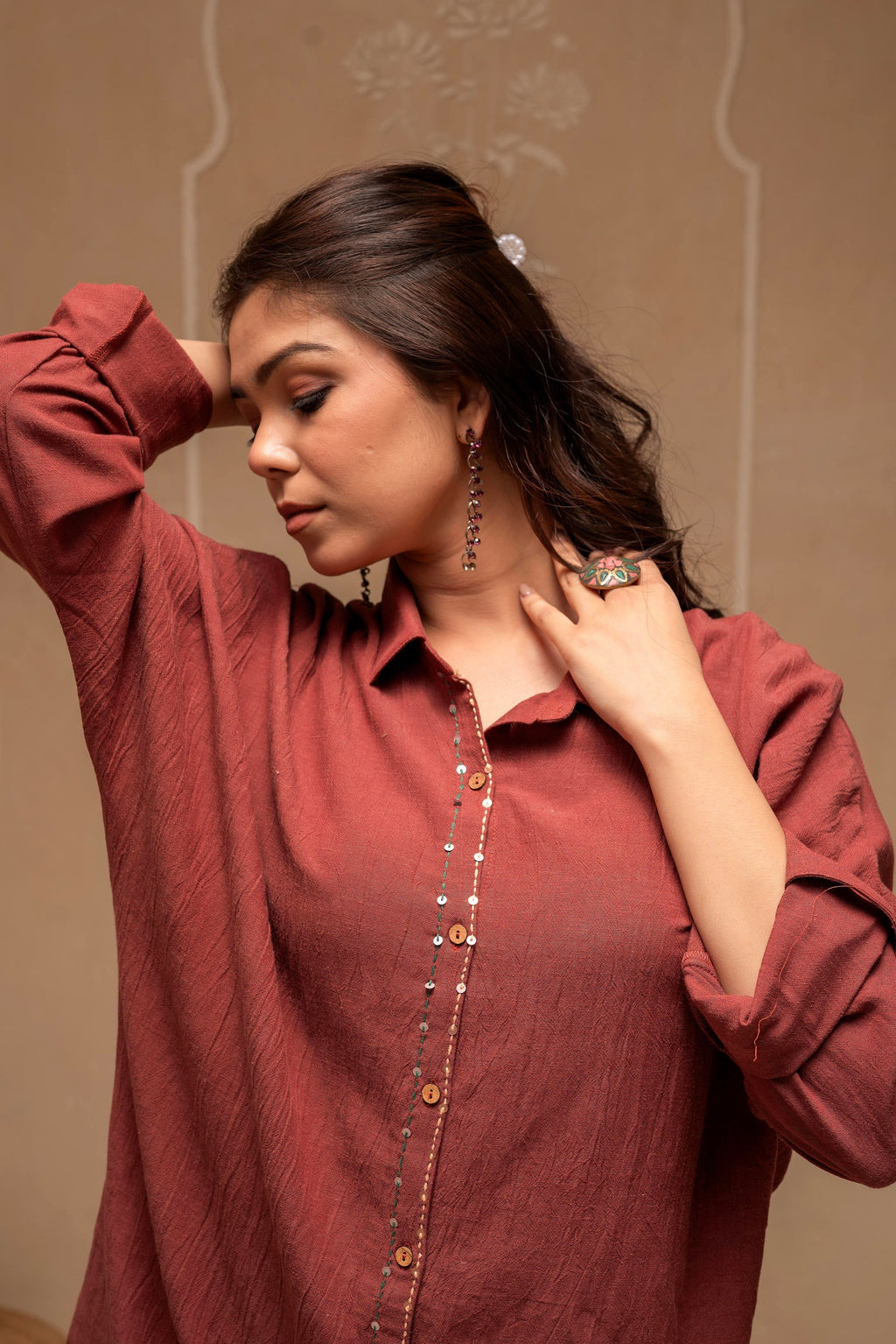Juniper Brown Embellished Viscose-Linen Co-Ord Set With Sequin Detailing | Grocsy