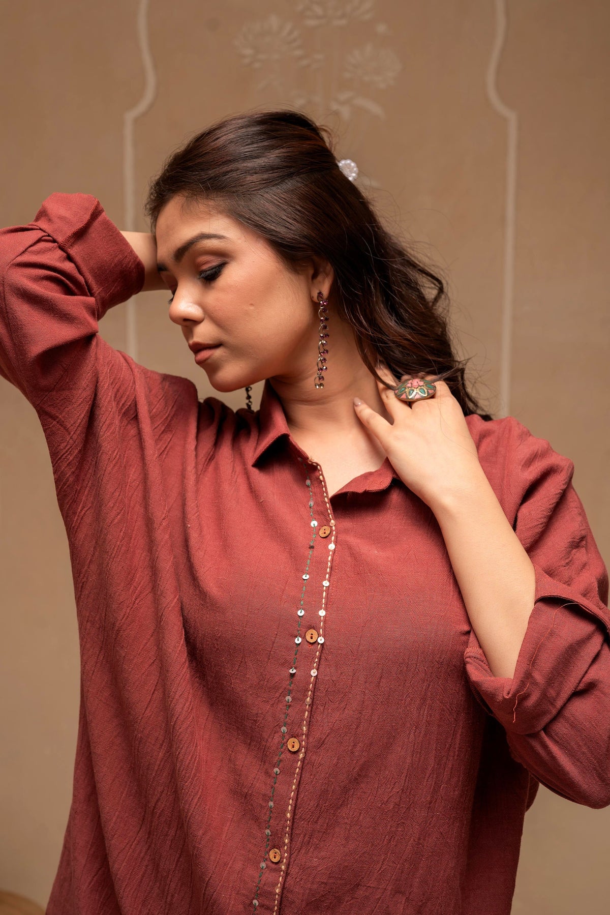 Juniper Brown Embellished Viscose-Linen Co-Ord Set With Sequin Detailing | Grocsy