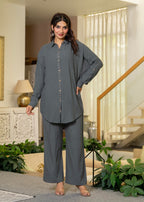 Juniper Grey Embellished Viscose-Linen Co-Ord Set With Sequin Detailing | Grocsy