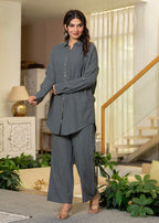Juniper Grey Embellished Viscose-Linen Co-Ord Set With Sequin Detailing | Grocsy
