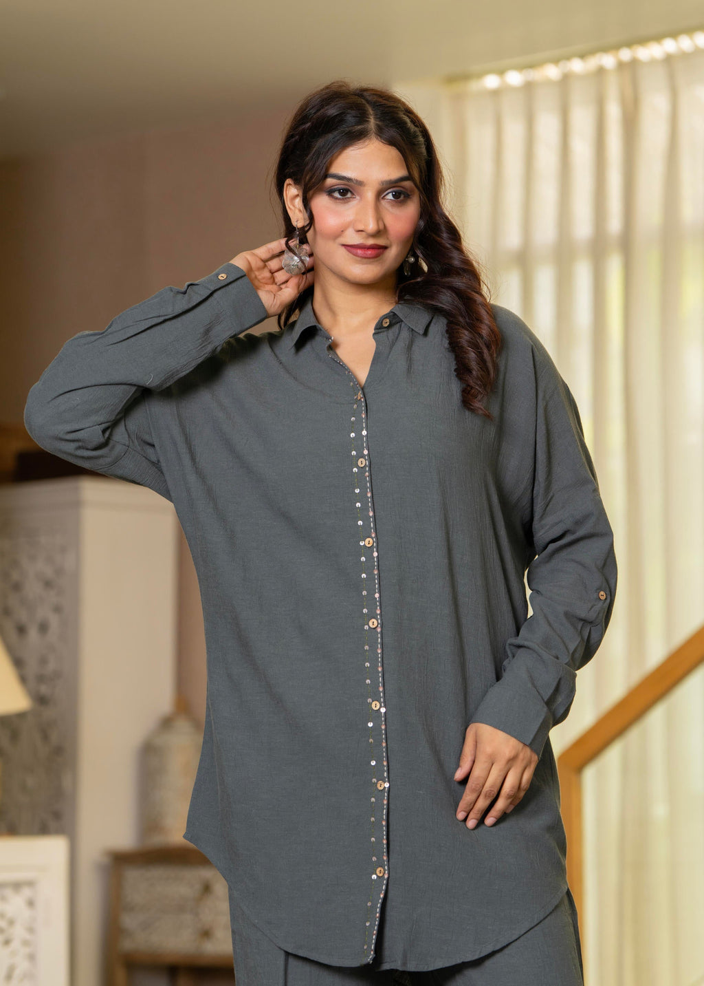 Juniper Grey Embellished Viscose-Linen Co-Ord Set With Sequin Detailing | Grocsy