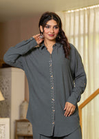 Juniper Grey Embellished Viscose-Linen Co-Ord Set With Sequin Detailing | Grocsy
