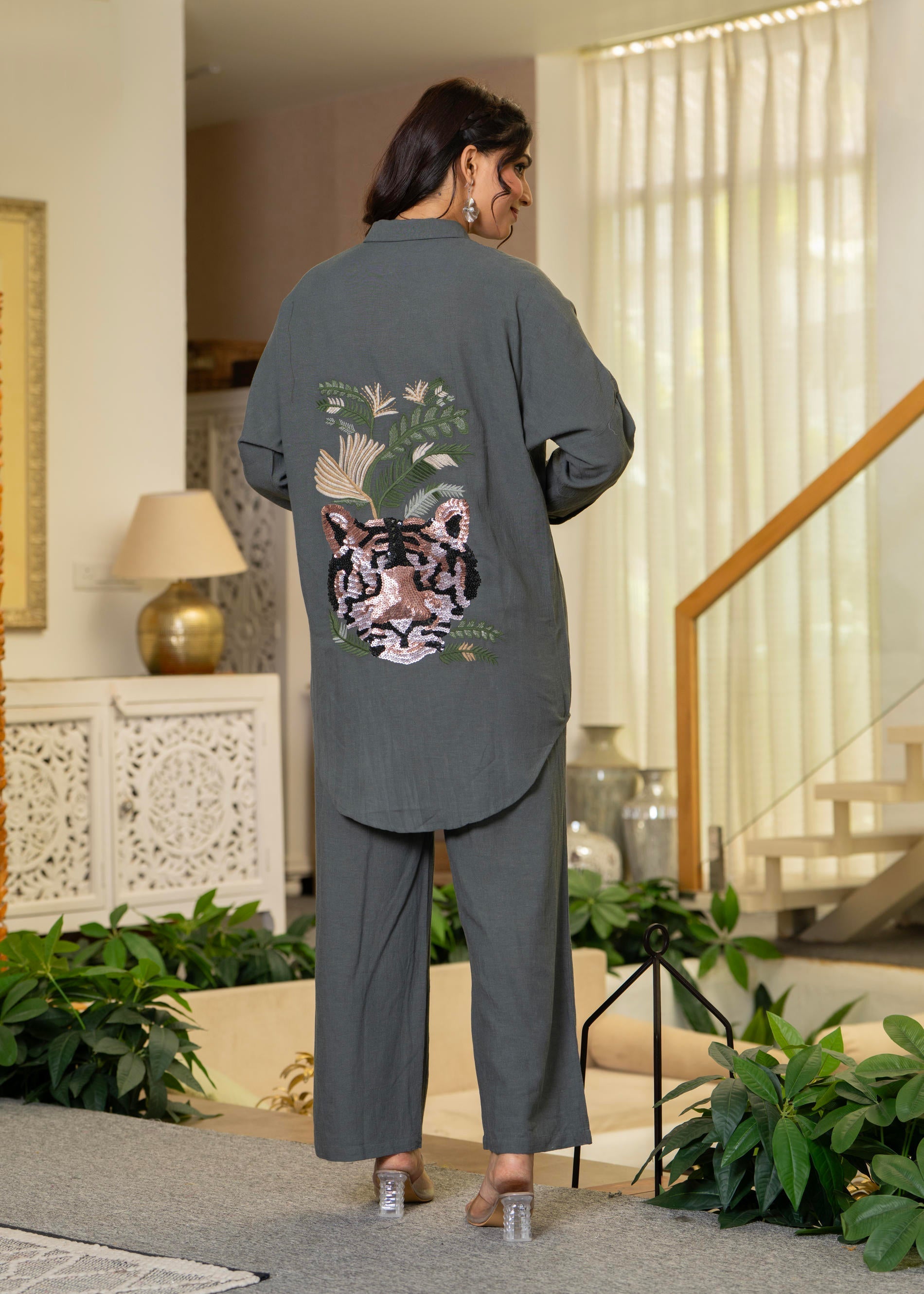 Juniper Grey Embellished Viscose-Linen Co-Ord Set With Sequin Detailing | Grocsy