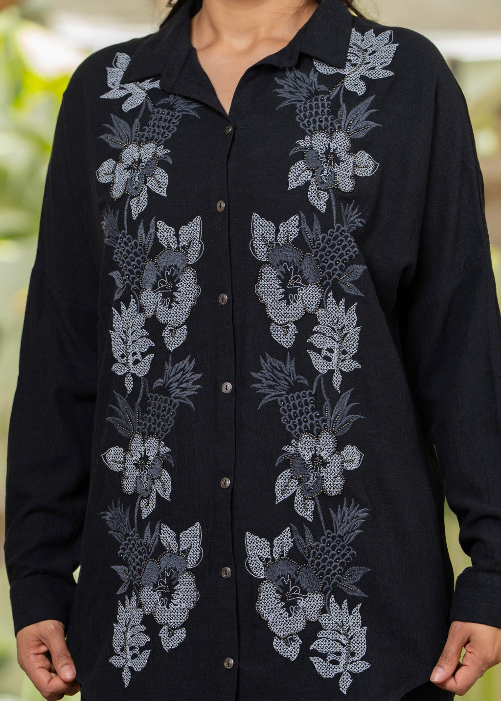 Juniper Viscose Linen Black Embroidered Shirt And Pant Co-Ord Set With Thread Work | Grocsy