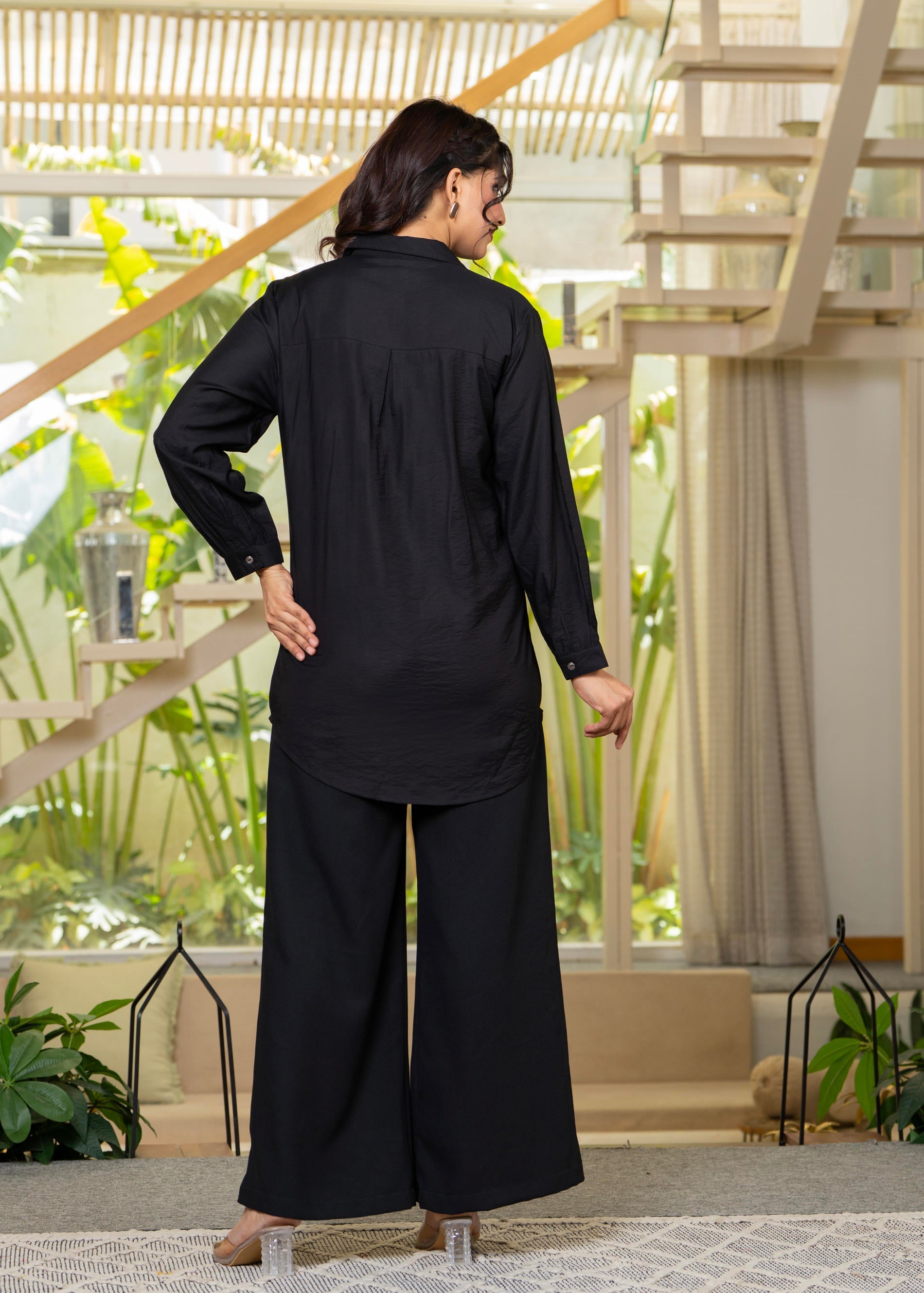 Juniper Viscose Linen Black Embroidered Shirt And Pant Co-Ord Set With Thread Work | Grocsy