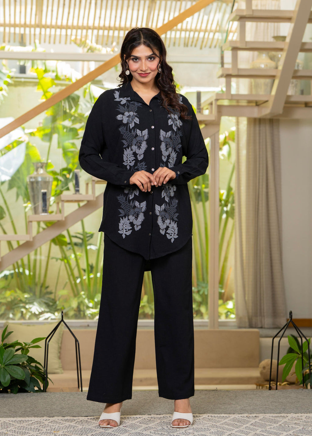 Juniper Viscose Linen Black Embroidered Shirt And Pant Co-Ord Set With Thread Work | Grocsy